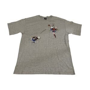 Vintage 90s Warner Bros Studio Store Looney Tunes Embroidered Pocket Tee Gray L